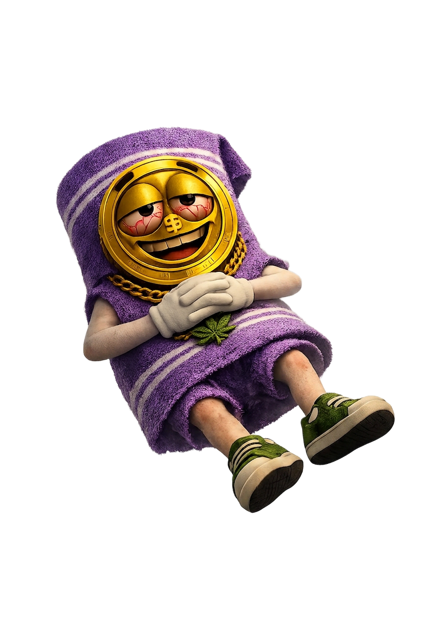 $TOWEL mascot — purple towel with golden coin face smoking